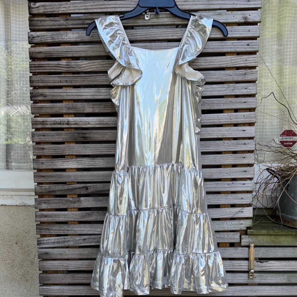 Shimmering Silver Ruffle Dress. Size 14 girls. Isobella and Chloe